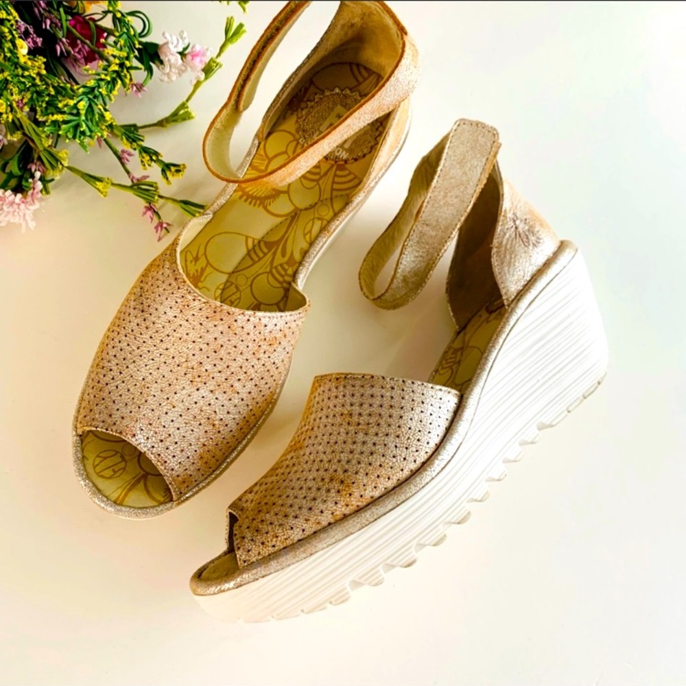 Fly London Yake Perforated Leather Wedge Sandals